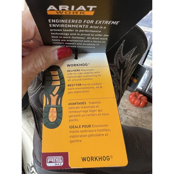 Ariat Bruin Brown Leather Workhog Wide Square Toe H2O Work Boots 10EE NIB - Picture 7 of 10